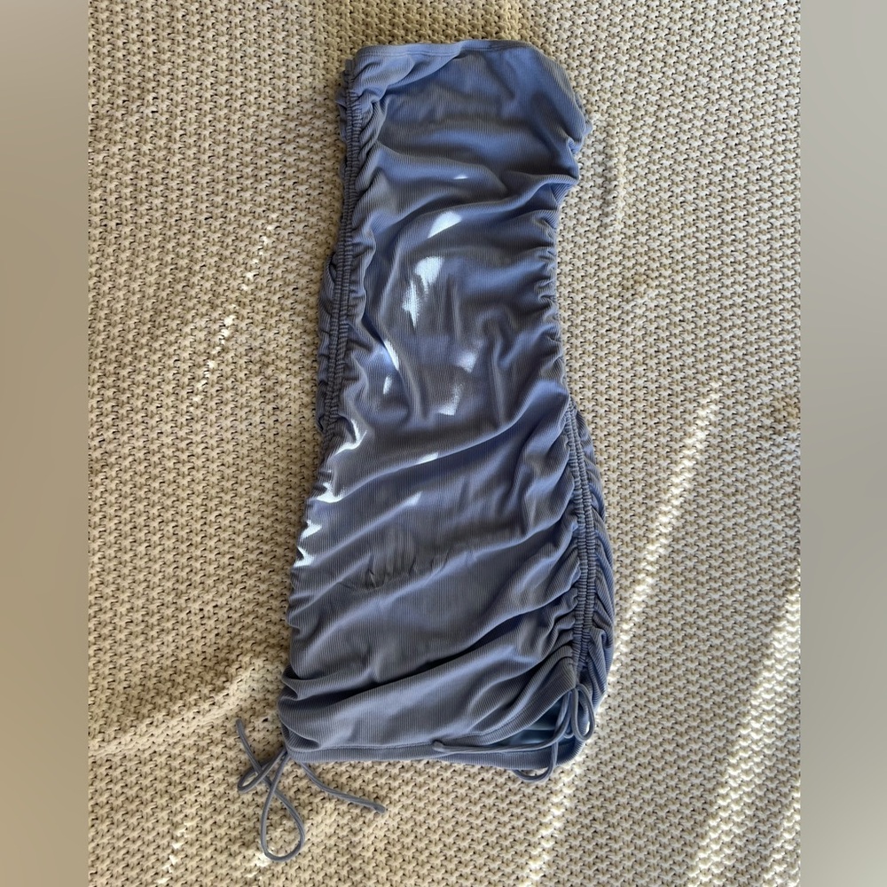 White Fox Blue Ribbed Strapless Ruched Midi Dress XS